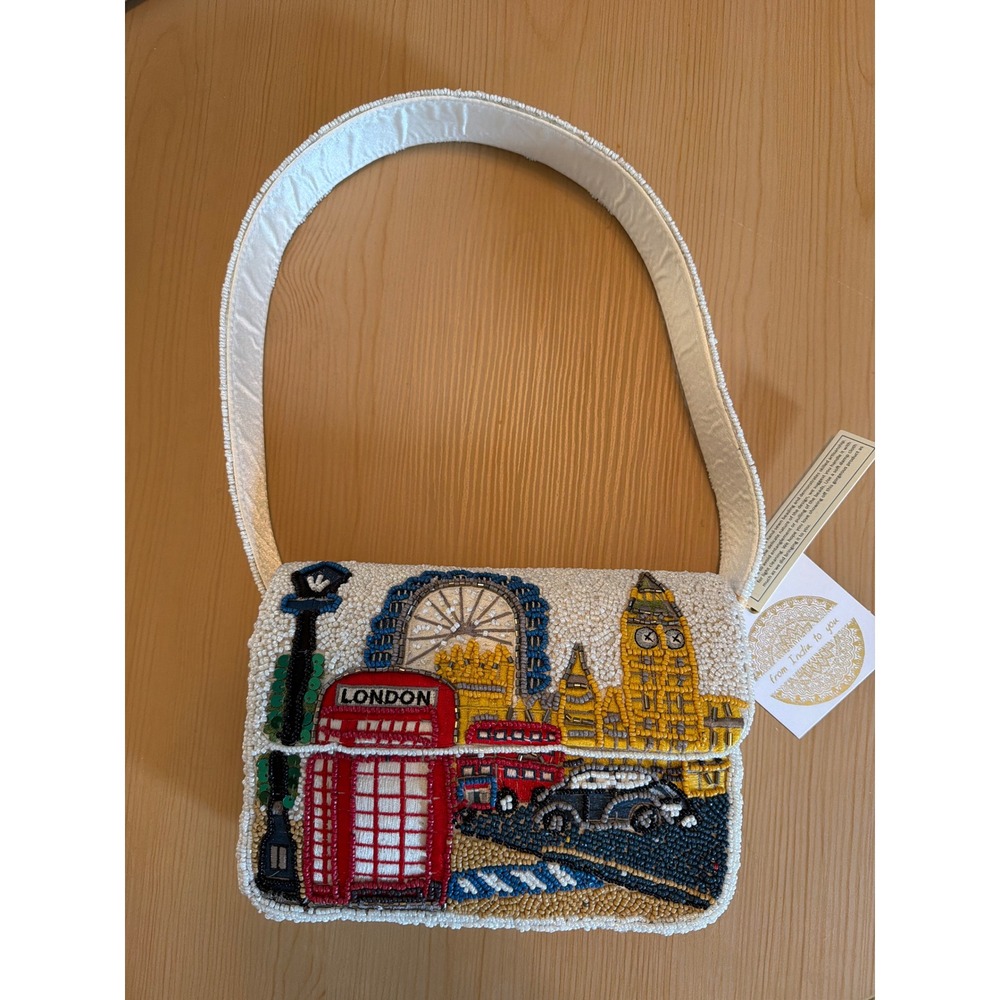 India to You Beaded London Skyline Shoulder Bag White Red Blue Yellow NWT
